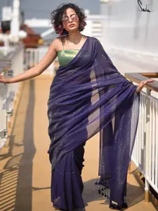 Suta Purple Woven Zari Striped Pure Handloom Cotton Saree