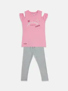 Pantaloons Junior Girls Pink & Grey Printed Night suit