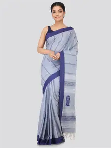 PinkLoom Women Grey & Blue Pure Cotton Woven Striped Sustainable Saree