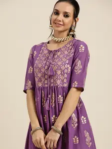 Sangria Women Purple & Golden Ethnic Motifs Printed Kurta