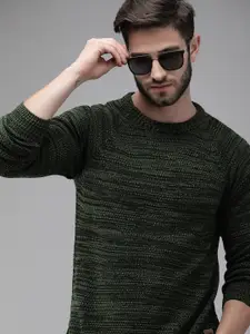Roadster Men Olive Green Cable Knit Pullover