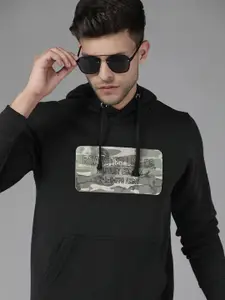 Roadster Men Black Printed Hooded Sweatshirt