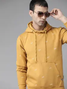 Roadster Men Mustard Yellow Brand Logo Printed Hooded Sweatshirt