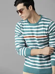 Roadster Men White & Teal Green Striped Pullover