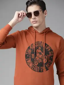 Roadster Men Rust Orange Printed Hooded Sweatshirt
