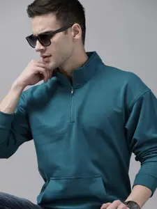 Roadster Men Teal Blue Solid Sweatshirt