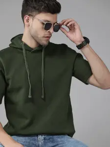 Roadster Men Olive Green Solid Hooded Sweatshirt