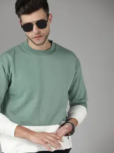 Roadster Men Green & White Colourblocked Sweatshirt