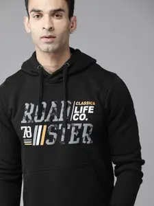 Roadster Men Black Brand Logo Printed Hooded Sweatshirt