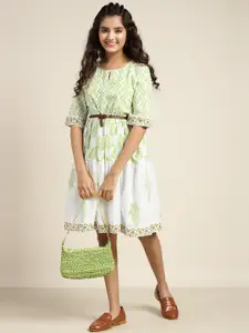 Sangria Girls Ethnic Motifs Print Tiered Pure Cotton Fit & Flare Dress