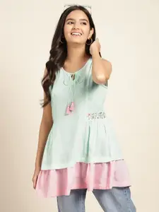 Sangria Girls Mint Green & Pink Layered A-Line Pure Cotton Top with Embroidered Detail
