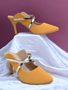 Shoetopia Women Mustard Yellow Gold-Toned Pointed Toe Pumps
