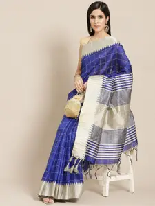 Anouk Blue & Cream-Coloured Checked Saree