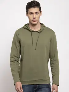 DOOR74 Men Olive Green Hooded Sweatshirt