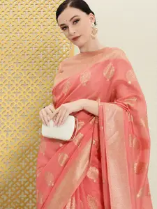 House of Pataudi Pink & Gold-Toned Ethnic Motifs Zari Saree