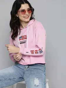 HERE&NOW Women Pink Printed Hooded Pure Cotton Crop Sweatshirt with Raw Hem