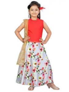 Aarika Girls Grey & Red Floral Print Ready to Wear Lehenga & Blouse With Dupatta