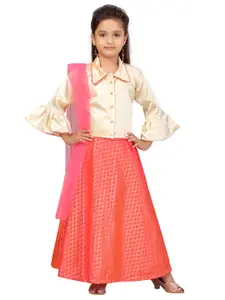 Aarika Girls Coral Pink & Cream-Colour Ready to Wear Printed Lehenga & Blouse With Dupatta
