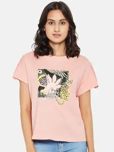 People Women Pink and Yellow Graphic Printed Regular Top