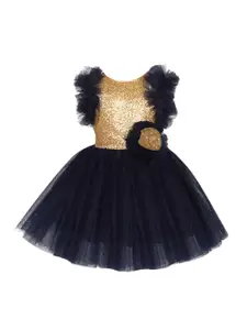 Pink Chick Girls Gold-Toned & Navy Blue Embroidered Sequined Net Dress