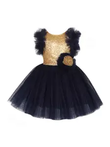Pink Chick Girls Gold-Toned & Navy Blue Embroidered Sequined Net Dress