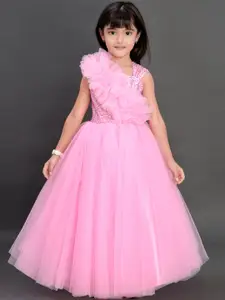 Pink Chick Girls Pink Embroidered Sequined Net Maxi Dress