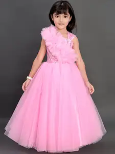 Pink Chick Girls Pink Embroidered Sequined Net Maxi Dress