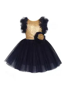 Pink Chick Girls Gold-Toned & Navy Blue Embroidered Sequined Net Dress