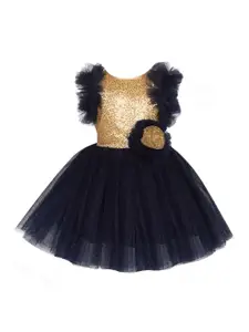 Pink Chick Girls Gold-Toned & Navy Blue Embroidered Sequined Net Dress