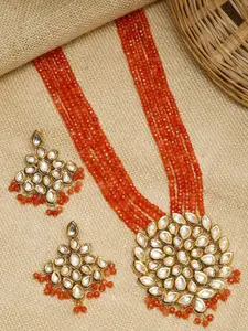 Ruby Raang Womens Orange Alloy Gold-Plated Kundan Handcrafted Necklace & Earrings