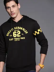 Ducati Scrambler Men Black & Yellow Printed Hooded Sweatshirt