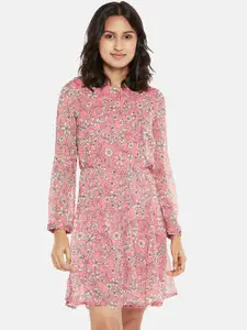 People Women Pink & Off White Floral Keyhole Neck Dress
