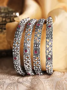 Rubans Set Of 4 Oxidised Silver-Plated Pink Ruby Studded Handcrafted Bangles