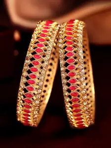 Rubans Set Of 2 24K Gold-Plated Magenta Pink & White Stone-Studded Ruby Handcrafted Bangles
