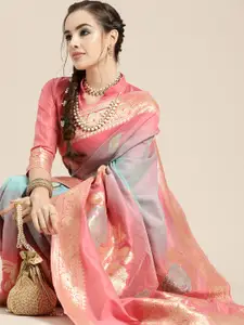 Saree mall Pink & Blue Floral Dyed Banarasi Sarees