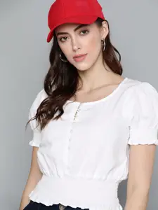 Kook N Keech White Pure Cotton Solid Cinched Top