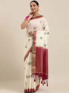 MIMOSA Off-White & Green Art Silk Woven Design Kanjeevaram Saree