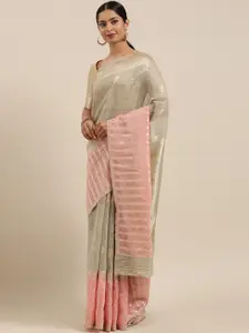 MIMOSA Beige & Pink Cotton Blend Woven Design Banarasi Saree