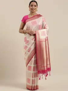 MIMOSA Off-White & Pink Art Silk Woven Design Kanjeevaram Saree