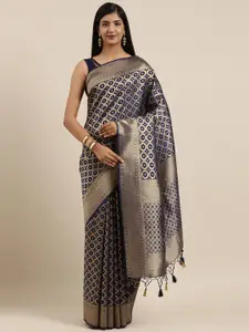 MIMOSA Navy Blue & Gold-Toned Art Silk Woven Design Kanjeevaram Saree