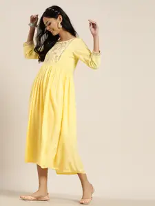 Shae by SASSAFRAS Women Yellow Embroidered A-Line Dress