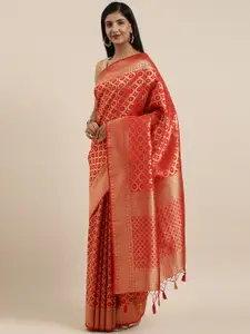 MIMOSA Red & Golden Art Silk Woven Design Kanjeevaram Saree