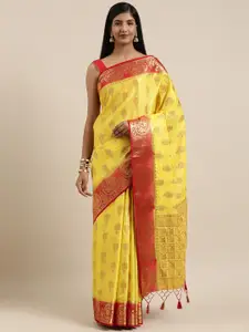 MIMOSA Yellow & Red Art Silk Woven Design Kanjeevaram Saree