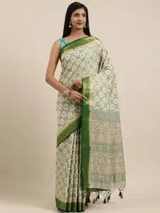 MIMOSA Off-White & Green Art Silk Woven Design Kanjeevaram Saree