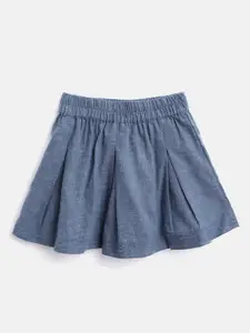 luyk Girls Blue Pure Cotton Solid Box Pleated Mini Flared Skirt