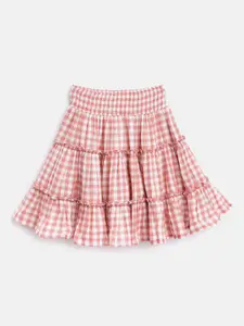 luyk Girls Coral Pink & White Checked Pure Cotton Tiered Skirt