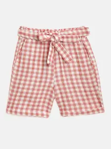 luyk Girls Coral Pink & White Pure Cotton Checked High-Rise Regular Shorts