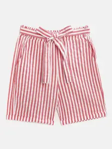 luyk Girls Red & White Pure Cotton Striped High-Rise Regular Shorts