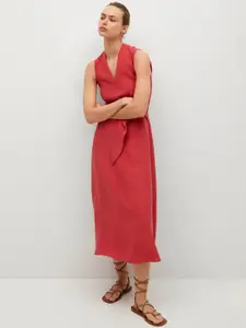 MANGO Red Solid A-Line Midi Dress