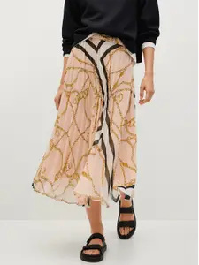 MANGO Women Peach Coloured & Mustard Yellow Sustainable Pleated Scarf Print A-line Skirt